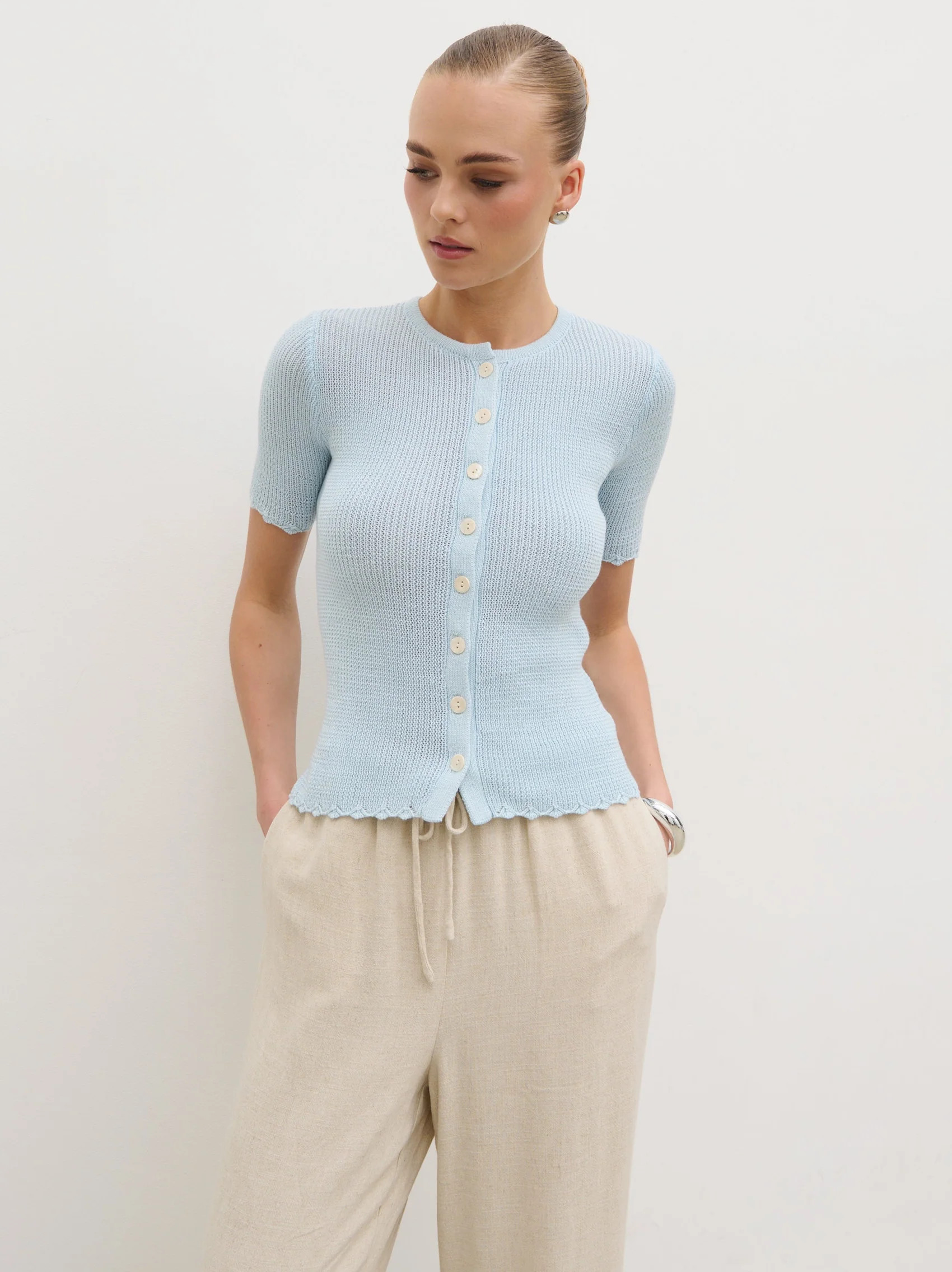 Louna Scallop Detail Cream Knit Button Top - Blue | Pretty Lavish (UK)