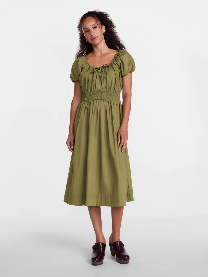 Scenario Women's and Women's Plus Smocked Waist Peasant Midi Dress with Puff Sleeves, Sizes XS-4X | Walmart (US)