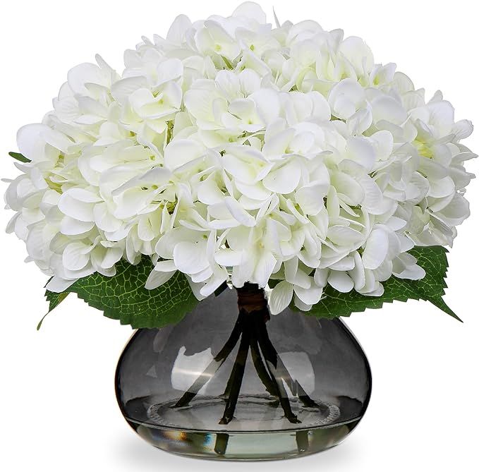 Hollyone Hydrangea Artificial Flowers with Glass Vase White Silk Faux Flowers Arrangements with F... | Amazon (US)
