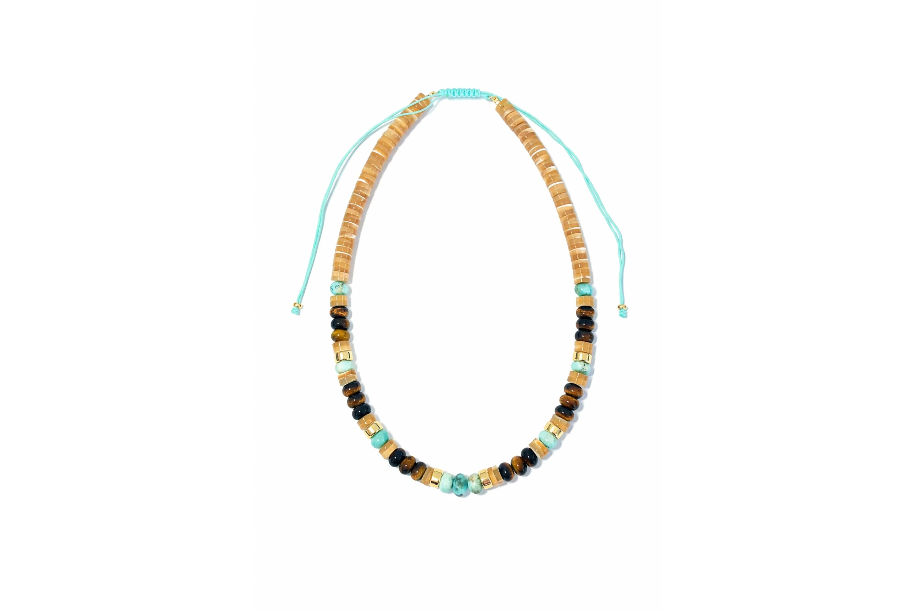 Mother of Pearl, Tiger's Eye, Larimar, 14k Gold Beaded Necklace | Shylee Rose Jewelry