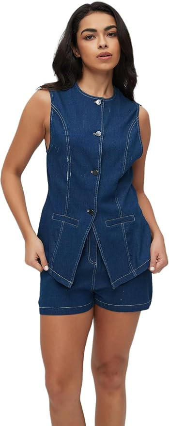 Denim Vest 2 Piece Sets High Waist Shorts Old Money Clothes Jean Jacket Y2K Business Slim Fit Cas... | Amazon (US)