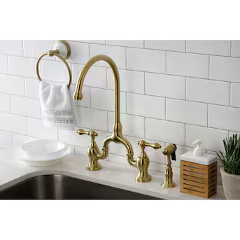 Kingston Brass English Country Brushed Brass Double Handle Bridge Kitchen Faucet (Side Spray Incl... | Lowe's