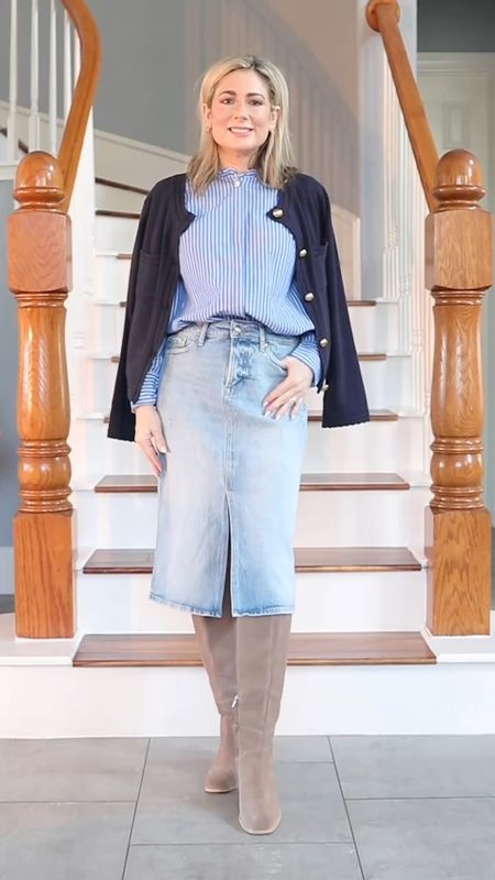Sizing details:
Cardigan-XS
Blouse-XS
Midi Denim Skirt-size 2



#LTKover40 #LTKfindsunder50 #LTKVideo