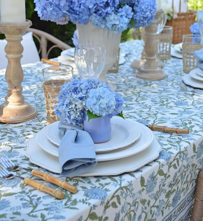 ATOSII Mahoka Blue 100% Cotton Round Tablecloth, Block Print Floral Table Cloth for Dining, Parti... | Amazon (US)