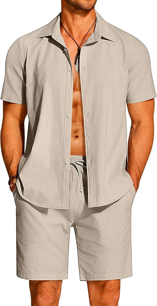 COOFANDY Men's 2 Pieces Cotton Linen Set Short Sleeve Button Down Shirts Summer Beach Shorts Casu... | Amazon (US)