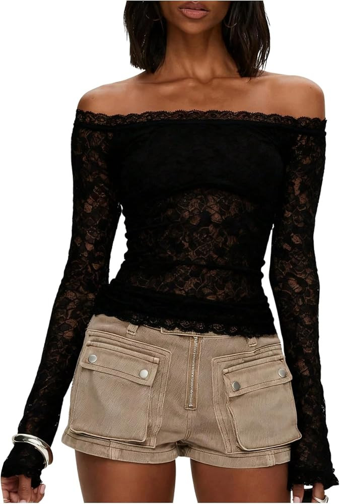 Floerns Women's Y2k Lace Off The Shoulder Tops Sheer Mesh Long Sleeve Ruched Summer T Shirts Rave... | Amazon (US)