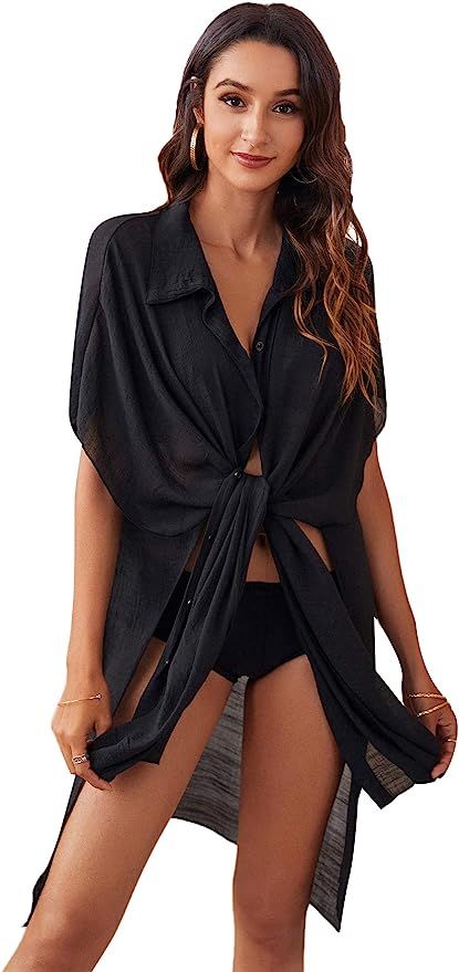 SweatyRocks Women's Button Up Tie Front Kimono Short Sleeve Swimwear Cover Up | Amazon (US)
