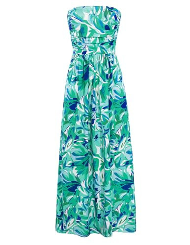 GRACE KARIN Women Strapless Dress Casual Loose Ruched Long Maxi Dress with Pockets Floral Green | Amazon (US)
