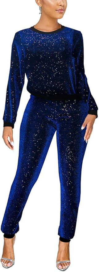 WOKANSE Women's Sequin Glitter Long Sleeve Sweatshirts and Skinny Long Pants Two Piece Outfits | Amazon (US)