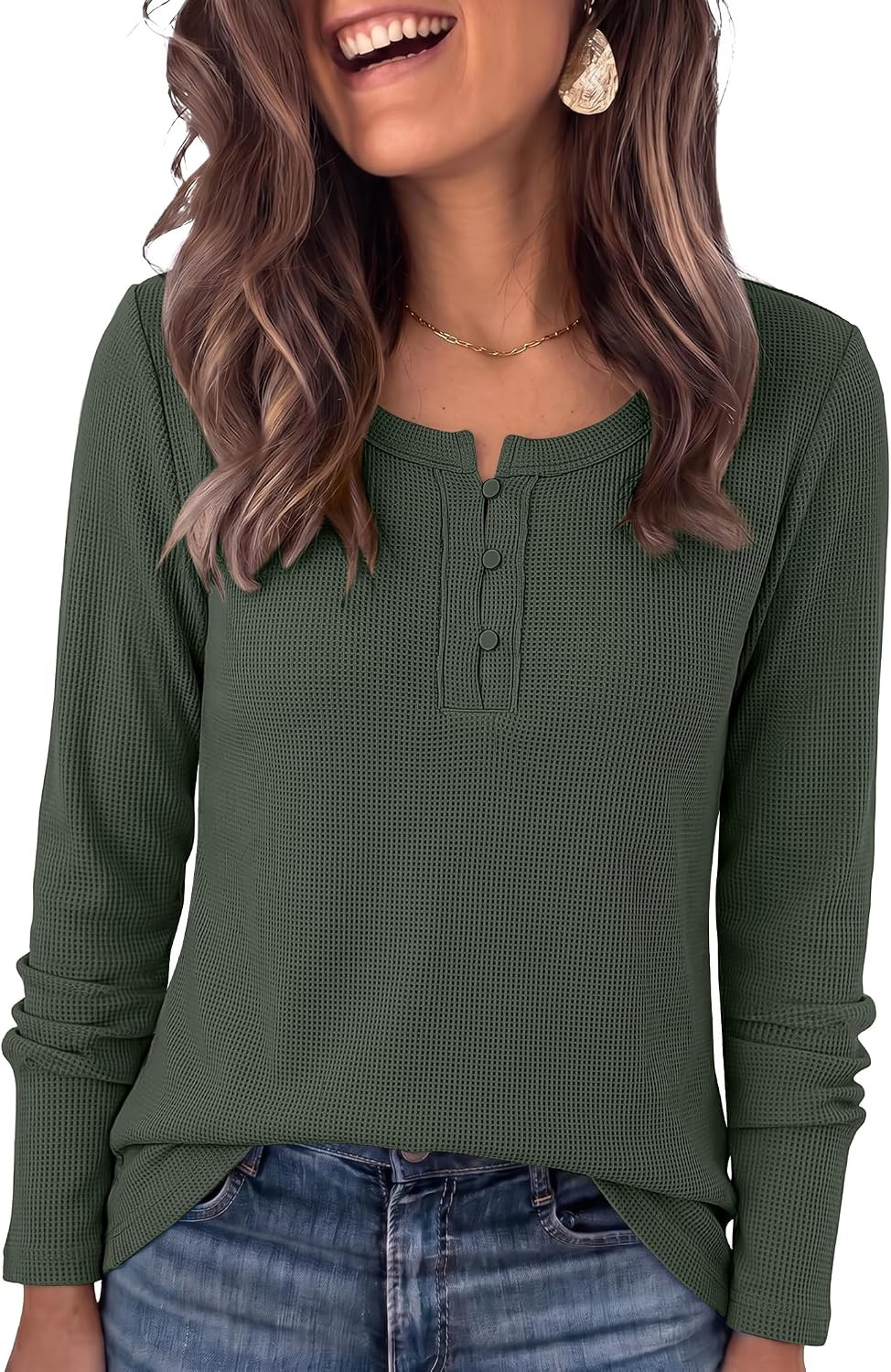 ANRABESS Women's Long Sleeve Shirts Waffle Knit Henley Tops | Amazon (US)