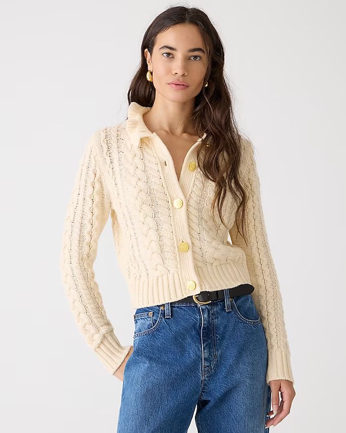 4.4(19 REVIEWS)Cable-knit ruffleneck cardigan sweater$128.00ButtercreamSelect A SizeSize & Fit In... | J.Crew US