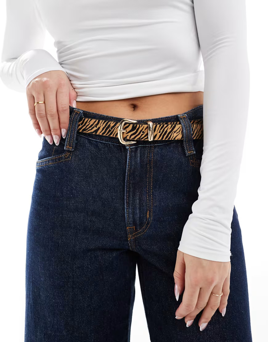 ASOS DESIGN leather waist and hip tiger print belt with oval buckle-Multi | ASOS (Global)