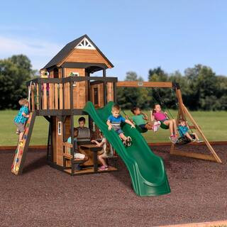 Canyon Creek All Cedar Swing Set Playset w/ Rockwall Upper Fort Belt Swings Web Swing Green Wave ... | The Home Depot