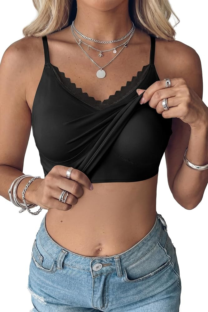 SHEWIN Women Lace Cami Camisole Tops Adjustable Spaghetti Strap Tank with Built in Bras Fitted 20... | Amazon (US)