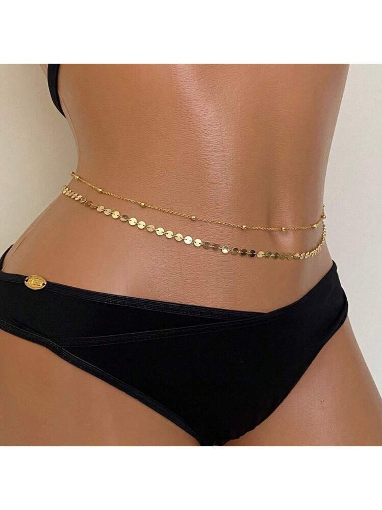 1pc New Arrival Double Layer Beaded Glitter Waist Chain For Women, Sexy & Elegant Metal Chain Necklace Jewelry, European And American Style, Summer | SHEIN
