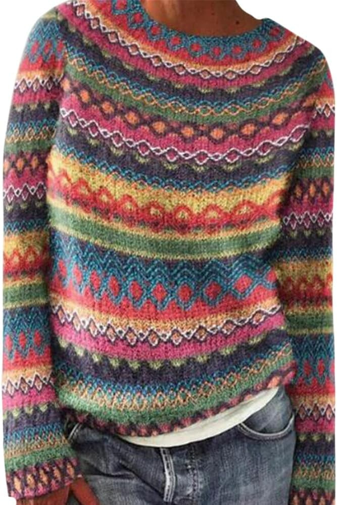 Faie Isle Sweaters for Women Trendy Casual Fall Long Sleeve Vintage Plus Size Crew Neck Knitted P... | Amazon (US)