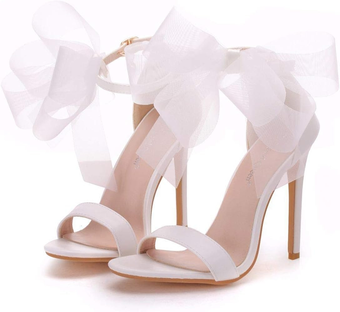 OACPCAO Women Peep Toe High Heel Sandals Bow Stiletto Bridal Wedding Shoes for Bride Ankle Strap | Amazon (US)
