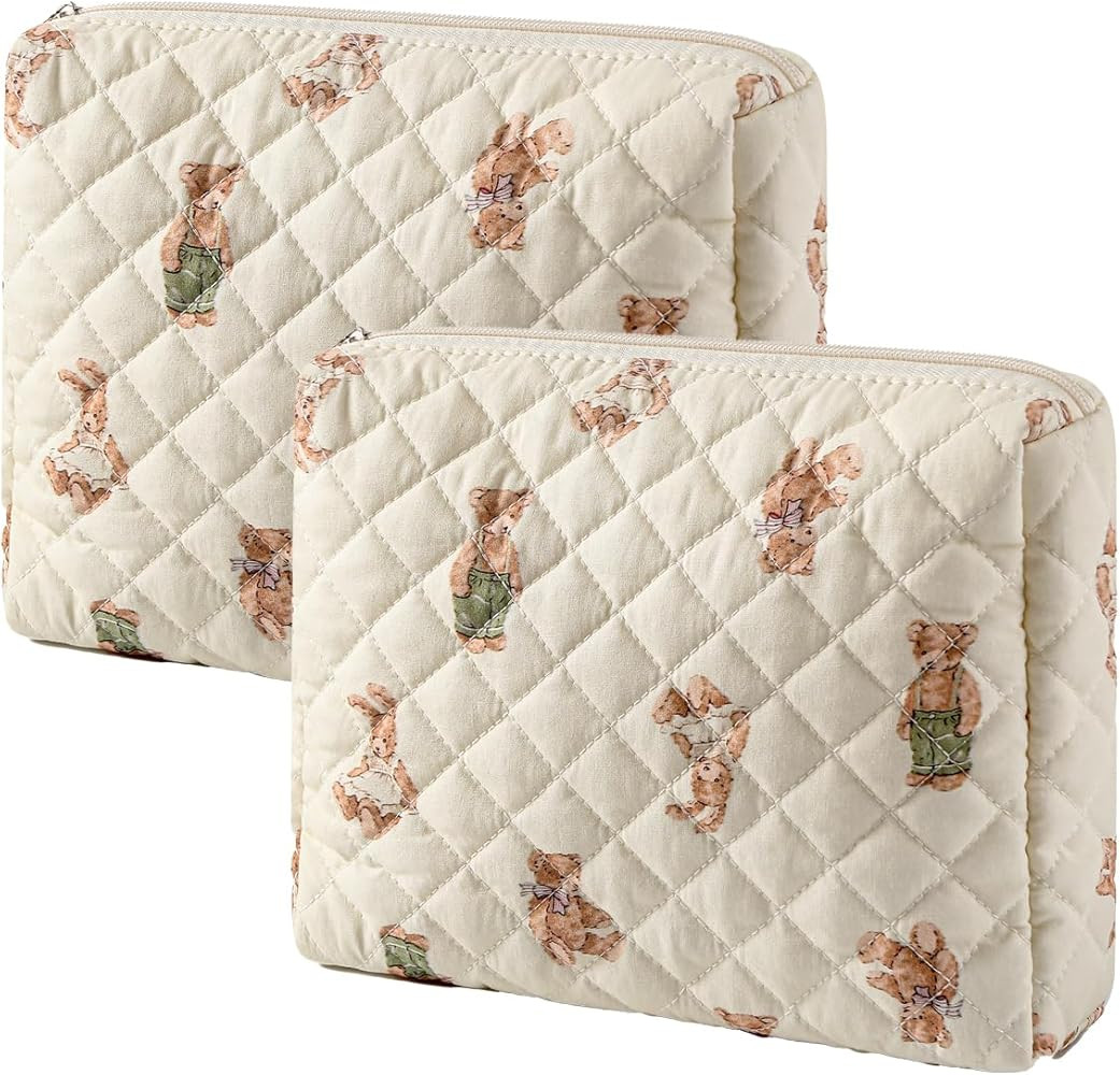 Quilted Cotton Makeup Bag 2Pcs Coquette Cosmetic Bag,Large Soft Floral Travel Toiletry Bag for Wo... | Amazon (US)