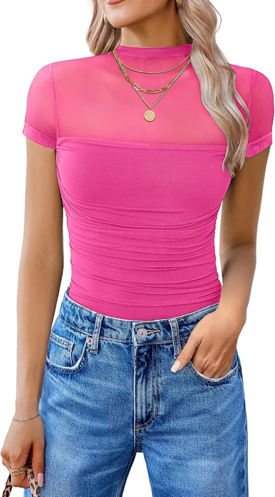 Avidlove Women's Short Sleeve Bodysuit Turtle Neck Body Suits Mesh One Piece Leotard Going Out To... | Amazon (US)