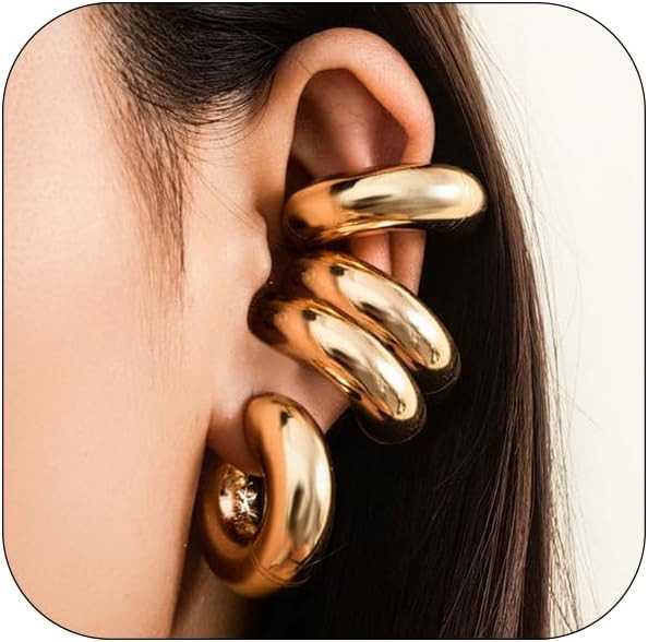 4 Pcs Chunky Gold Silver Ear Cuff for Women Non Piercing Clip On Cartilage Wrap Cuff Earrings Thi... | Amazon (US)