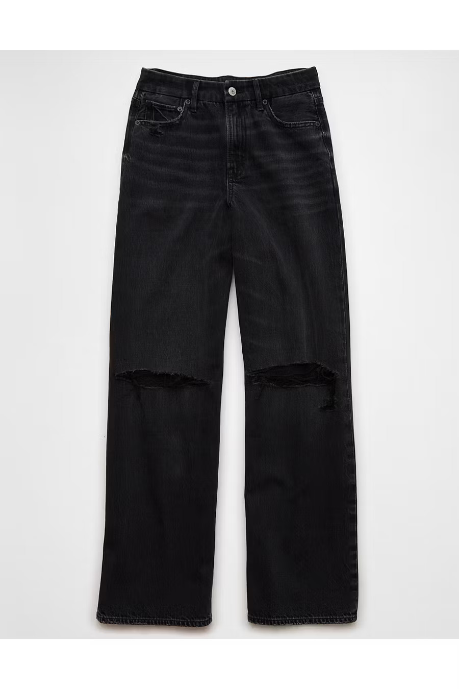 AE Strigid Ripped Curvy Super High-Waisted Baggy Straight Jean Women's Black And Frayed 0 Regular | American Eagle Outfitters (US & CA)