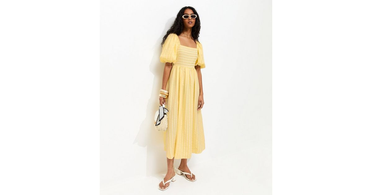 Light Yellow Puff Sleeve Striped Midi Dress | New Look | New Look (UK)