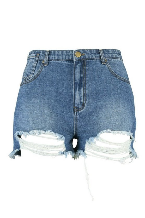 Plus Jeansshorts im Destroyed-Look, dunkle Waschung | Boohoo.com (DE)