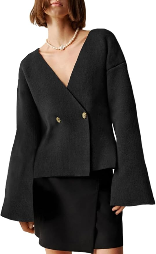 Saodimallsu Womens V Neck Cardigans Long Bell Sleeve Button Down Open Front Loose Knit Fall Sweat... | Amazon (US)