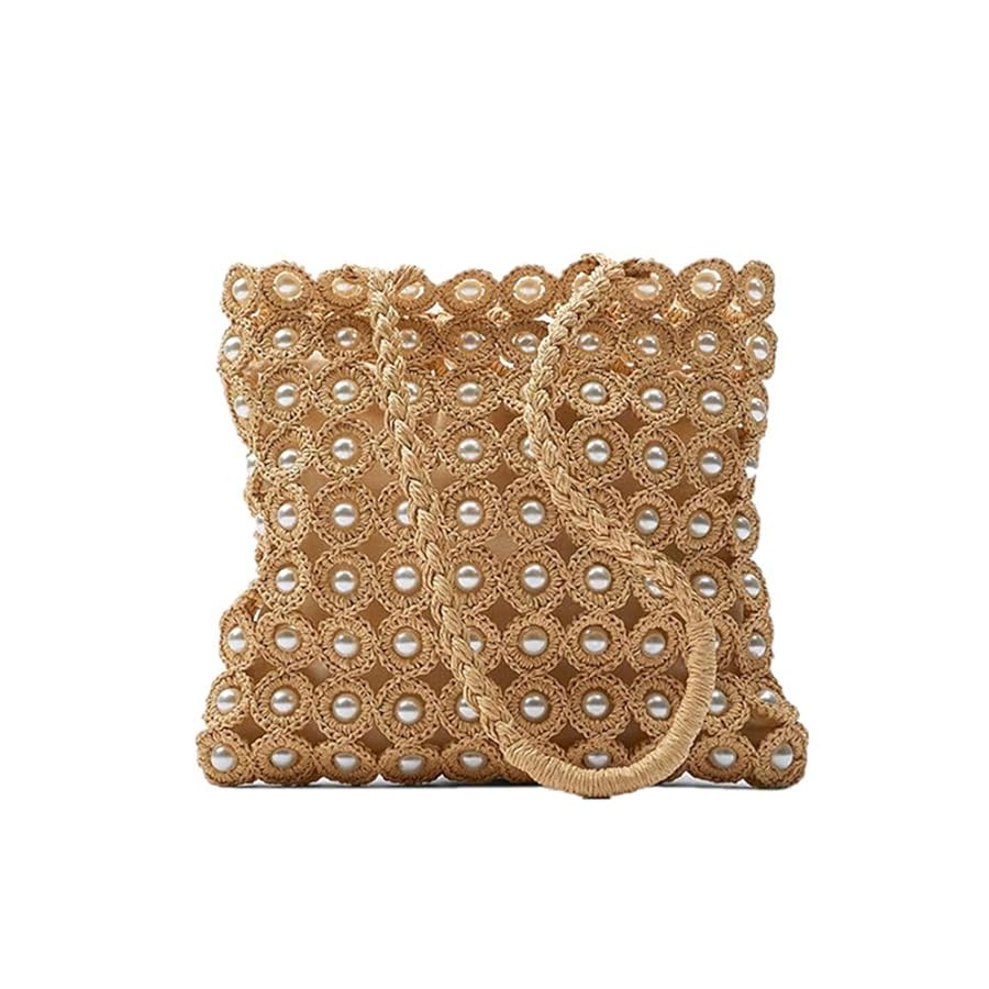 Hand-woven Hollow Out Soft Straw Shoulder Bag with Pearl Flower, Boho Straw Handle Tote Summer Be... | Amazon (US)