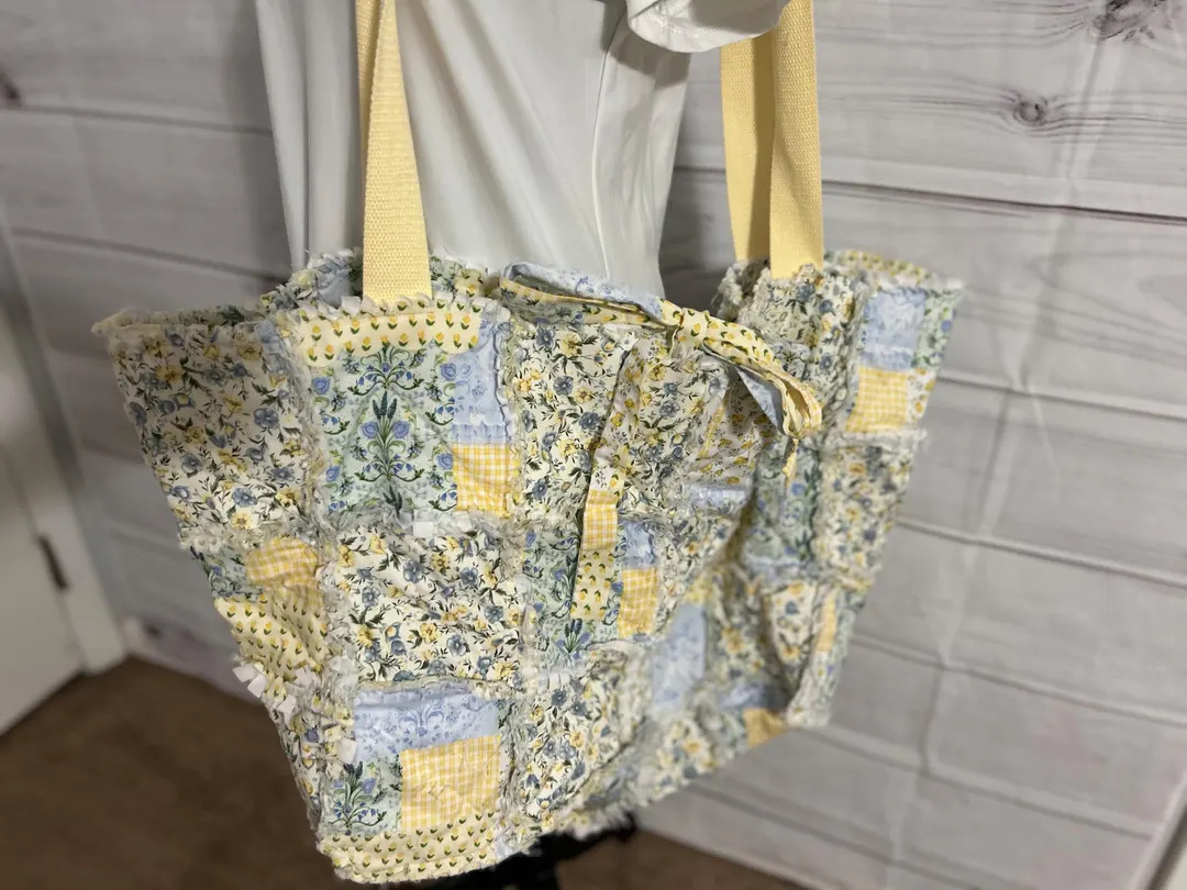 Handmade Rag Quilt Tote Bag: Yellow & Blue Floral Patchwork With Accessory Bag - Etsy | Etsy (US)