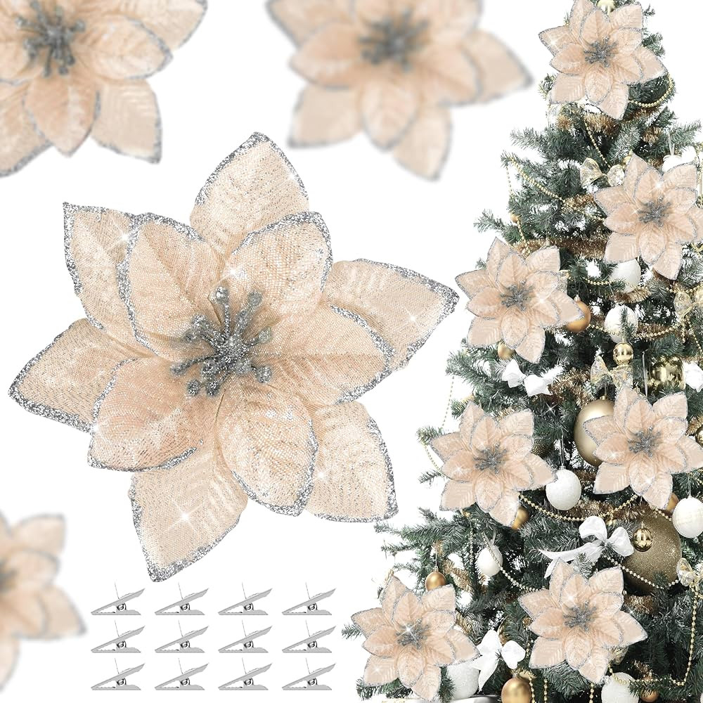 36 Pcs Christmas Glitter Poinsettia Flowers Artificial Flower Ornaments Fake Flower Decorations G... | Amazon (US)