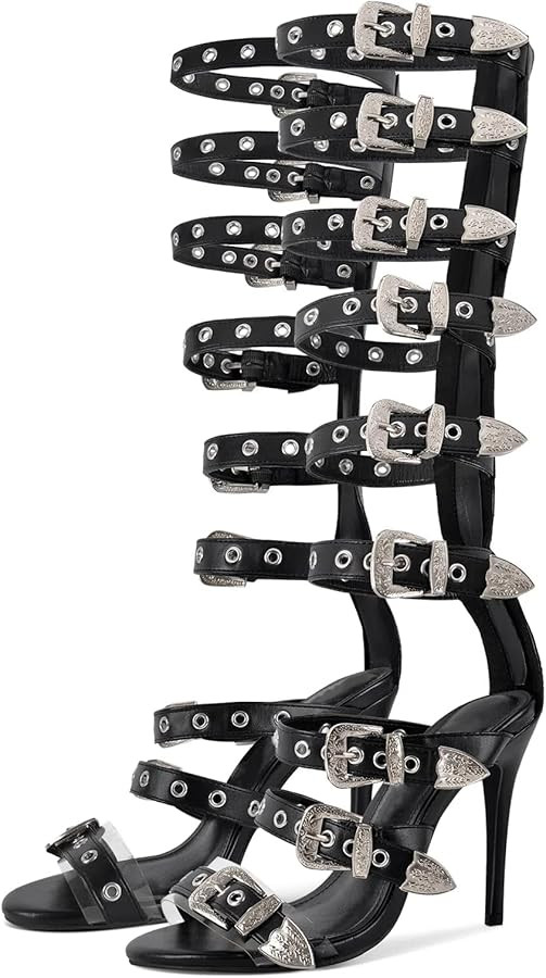 Women's Round Toe Gladiator High Heels Adjustable Buckles Zip Up Heeled Sandals | Amazon (US)