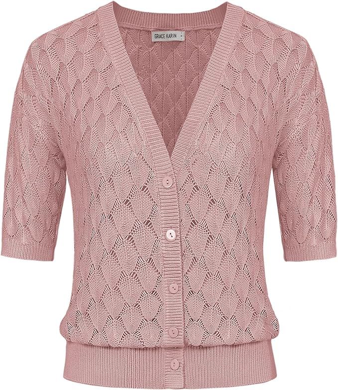 GRACE KARIN Women's Summer Short Sleeve Cropped Cardigan Sweaters Crochet Knit Shrug Open Front V... | Amazon (US)