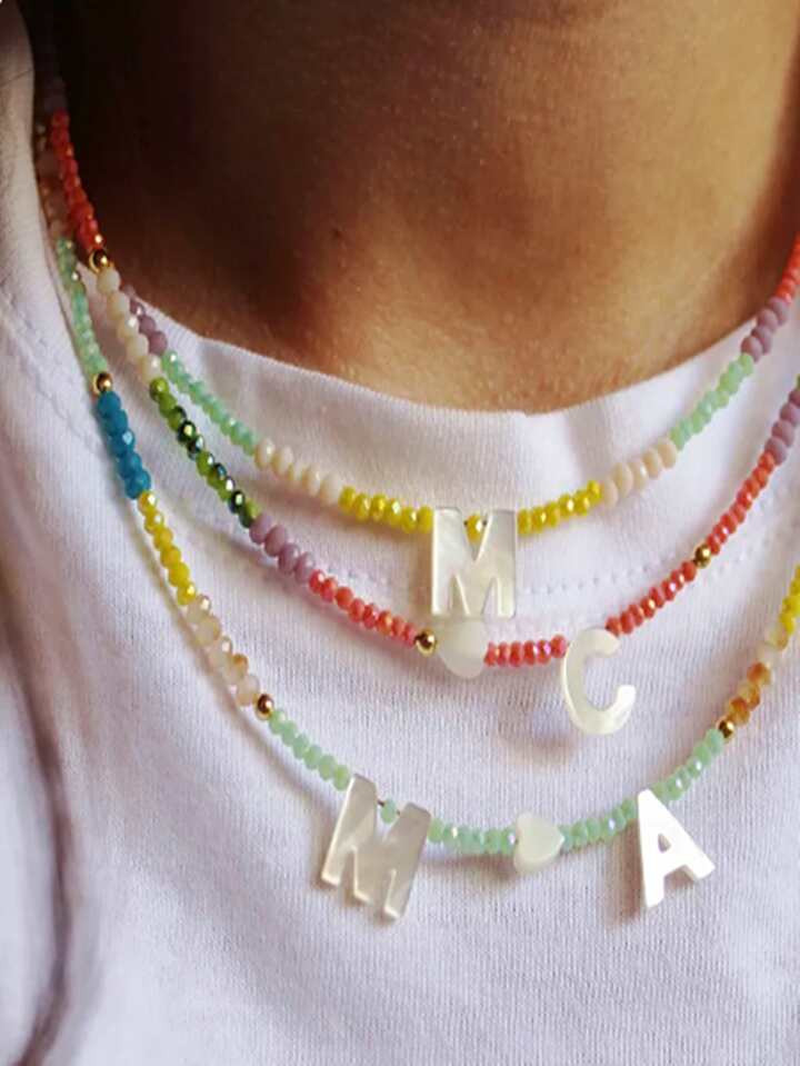 1pc 2mm Colored Crystal & Stainless Steel Alphabet Initial Pendant Necklace | SHEIN