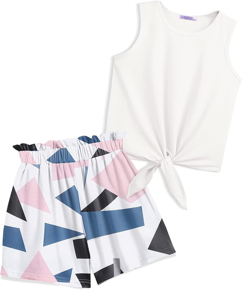 Arshiner Girl's 2 Piece Outfits Summer Tie Knot Tank Top and Paperbag Waist Pocketed Short Sets | Amazon (US)