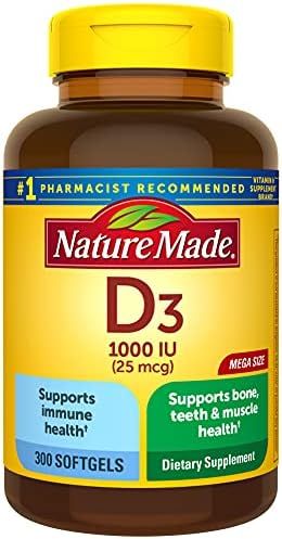 Nature Made Vitamin D3, 300 Softgels, Vitamin D 1000 IU (25 mcg) Helps Support Immune Health, Str... | Amazon (US)