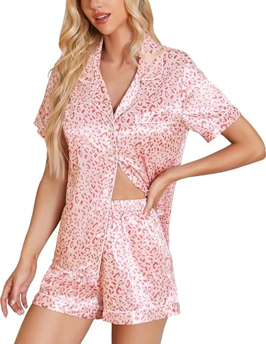 Silk Pajamas for Women Short Sleeve Satin Pajama Set 2 Piece Button Down Loungewear Light Pink Leopard XL | Amazon (US)