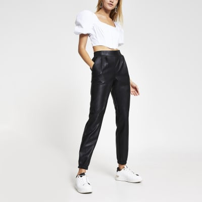 Black faux Leather Slim Joggers | River Island (UK & IE)