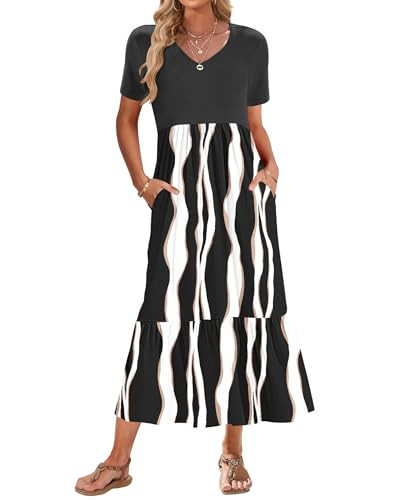 AUSELILY Summer Dresses Women 2025 Flowy Short Sleeve Maxi Dress V Neck Casual Tiered Sundress with Pockets Black Stripes/Black XL | Amazon (US)