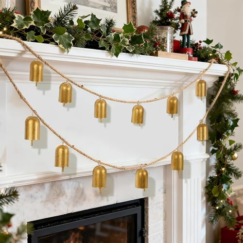 ARQRHTLY 87 Inch Gold Vintage Bells Garland for Christmas Decorations, Antique Cow Bells with Jute Hanging Rope Vintage Metal Brass Cowbells String Banner for Christmas Tree Mantle Xmas Holiday Decor | Amazon (US)