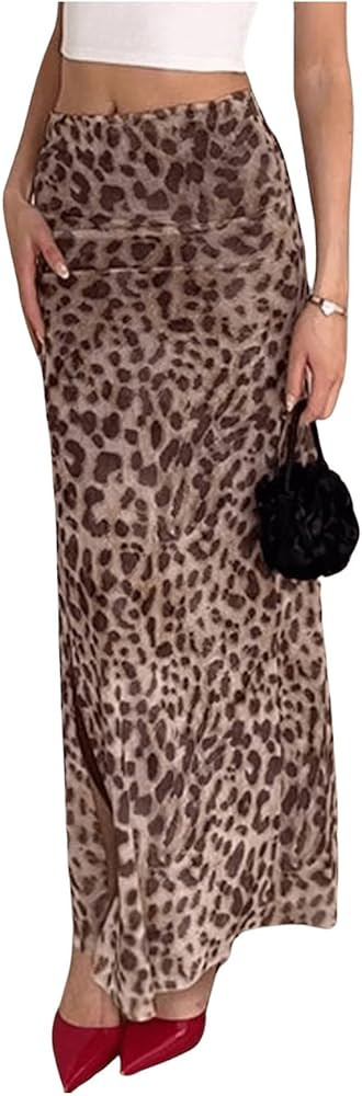 Women's Y2K Leopard Print Skirts Ruched Side Slit Maxi Skirt Mesh Sheer High Waisted Long Skirt C... | Amazon (US)