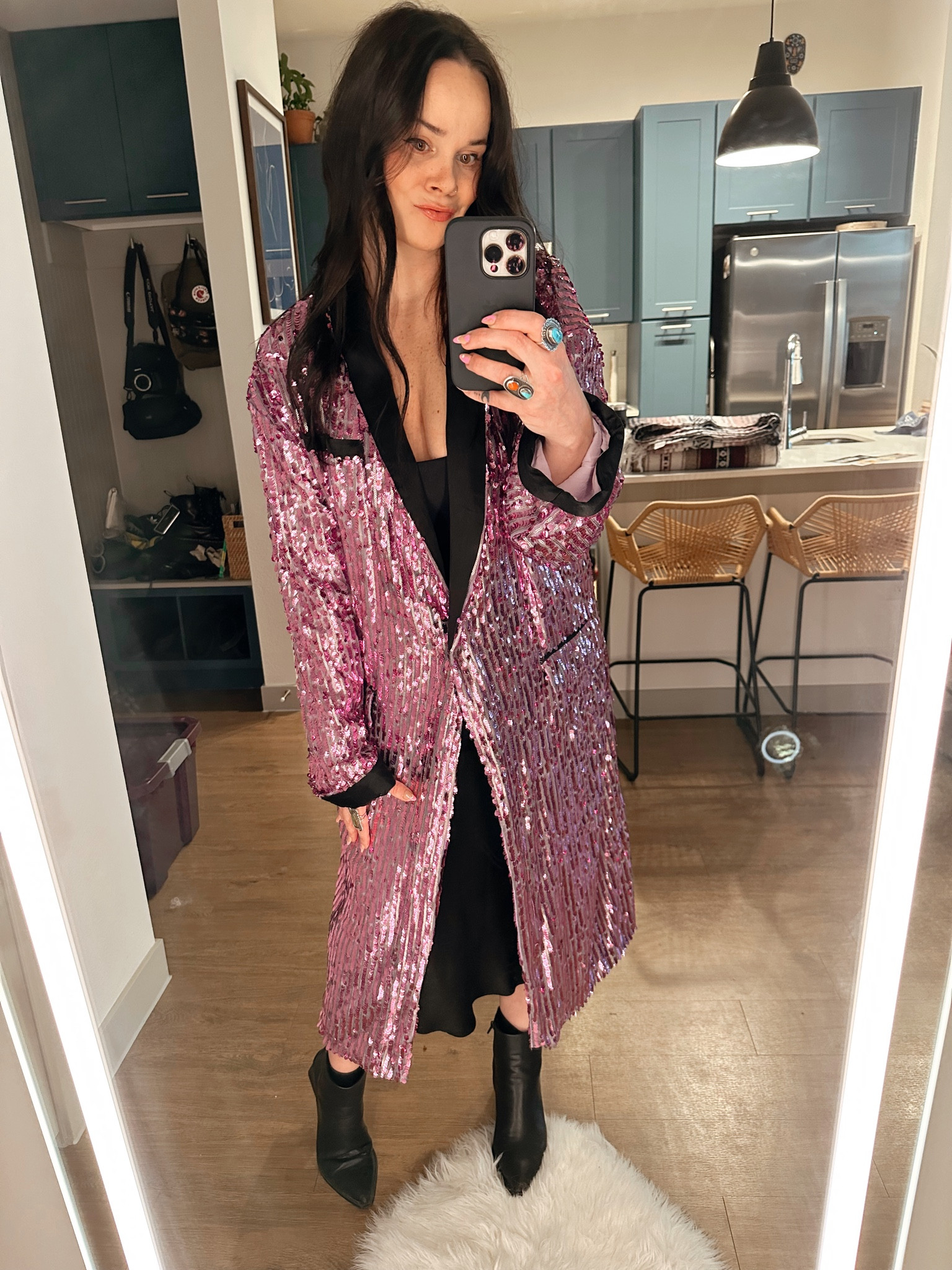 Perfect holiday look that’s festive, but still a little laid back. You could wear this free people duster so many ways, but I styled it over a simple satin midi dress from target and chunky boots⚡️

#LTKstyletip #LTKGiftGuide #LTKHoliday