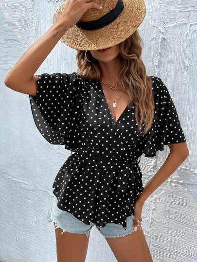 Polka Dot Print Butterfly Sleeve Belted Peplum Blouse | SHEIN
