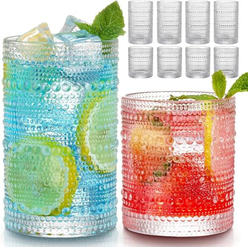 Hlukana Vintage Hobnail Drinking Glasses Set of 8, 12 oz Highball Glasses & 10 oz Cocktail Glasses Set, Kitchen Water Glasses Cup, Bar Tumbler Glassware Set for Beer, Juice, Cocktail, Whiskey, Milk | Amazon (US)