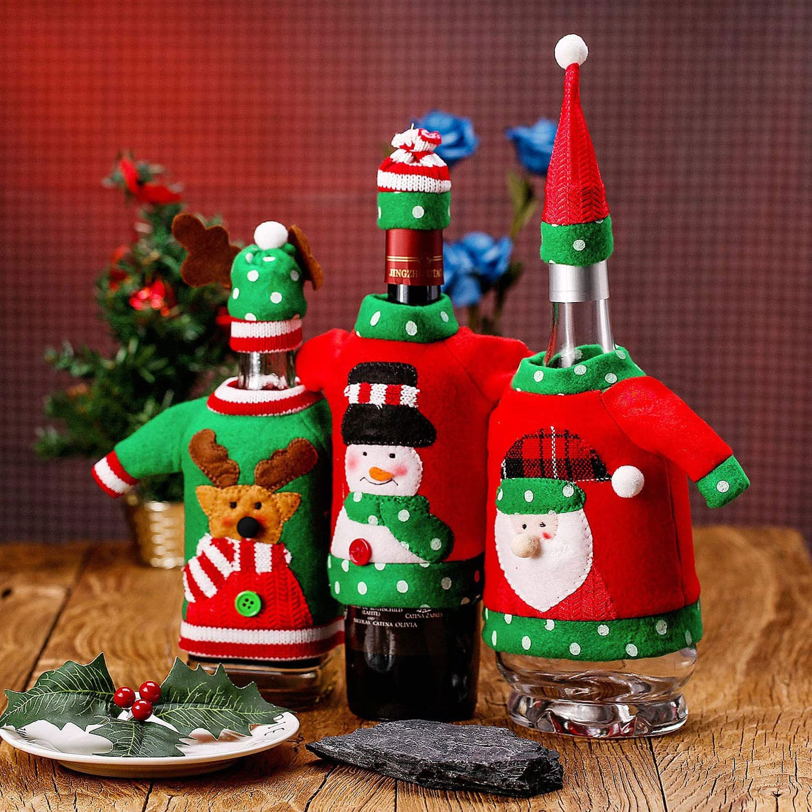 Boao 6 Sets Christmas Wine Bottle Cover and Hats Decoration Handmade Ugly Sweater Knit Wine Bottle Dress Santa Reindeer Snowman for Christmas Holiday Party Decorations | Amazon (US)