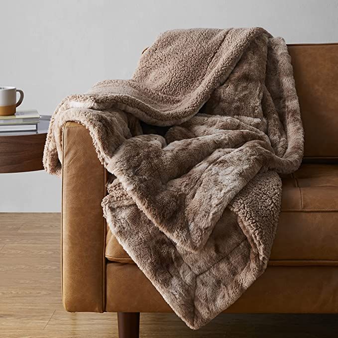 Amazon Basics Fuzzy Faux Fur Sherpa Throw Blanket, 60"x70" - Light Brown | Amazon (US)