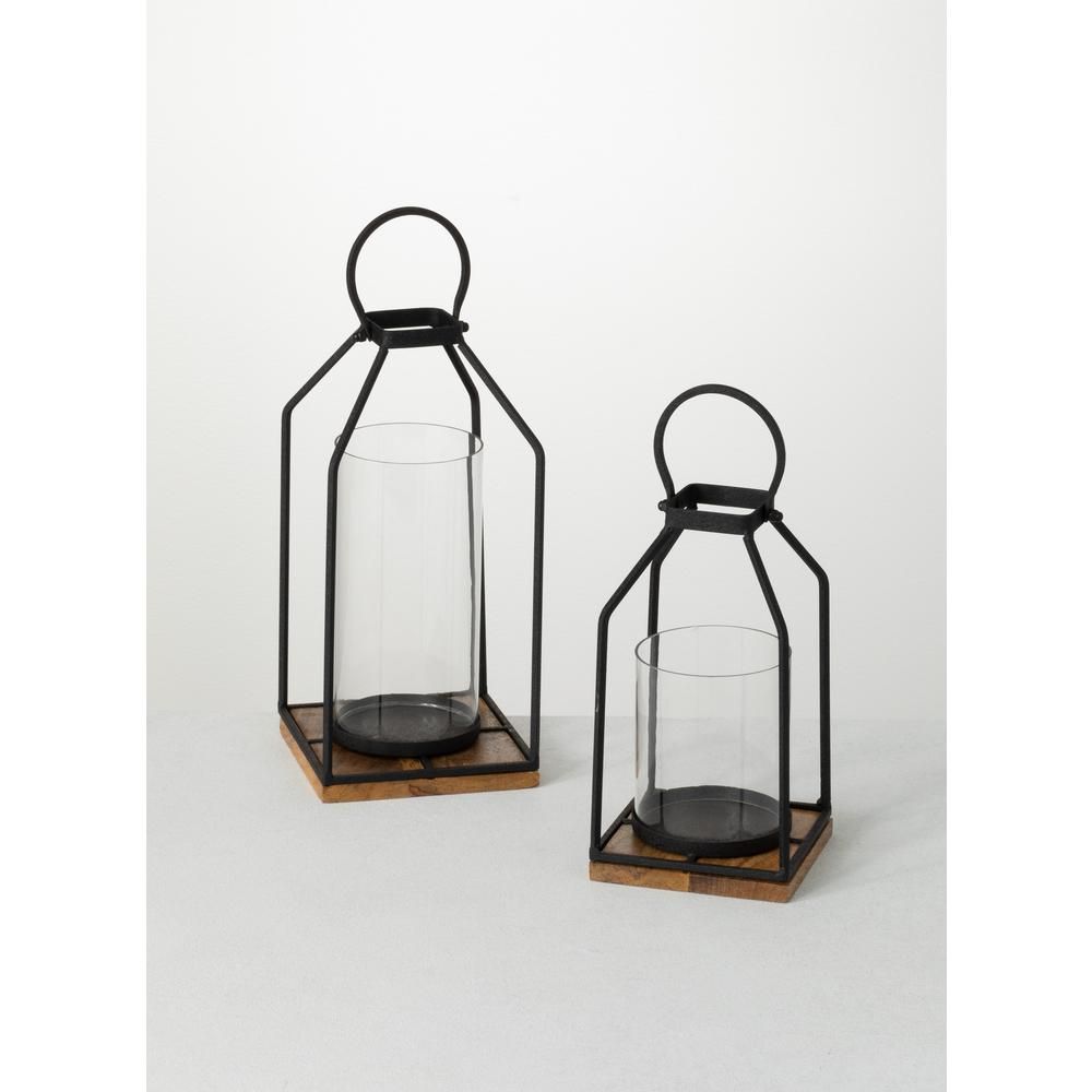 Black Metal & Wood Pillar Lantern Candle Holder - Set of 2 | The Home Depot