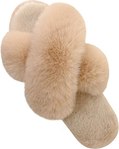 Women's Cross Band Slippers Soft Plush Furry Cozy Open Toe House Shoes Indoor Outdoor Faux Rabbit... | Amazon (CA)