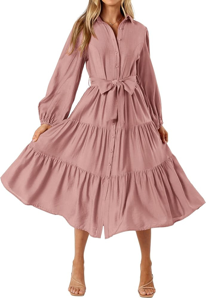 MASCOMODA Womens Dresses Fall Button Long Sleeve Midi Dress | Amazon (US)