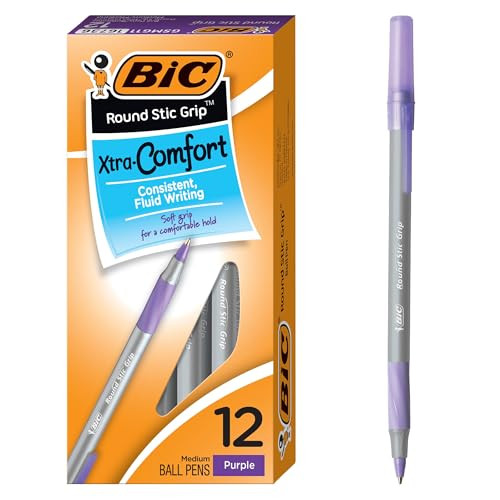 BIC Round Stic Grip Xtra Comfort Fashion Ball Point Pen; Purple; 12 Pack | Amazon (US)